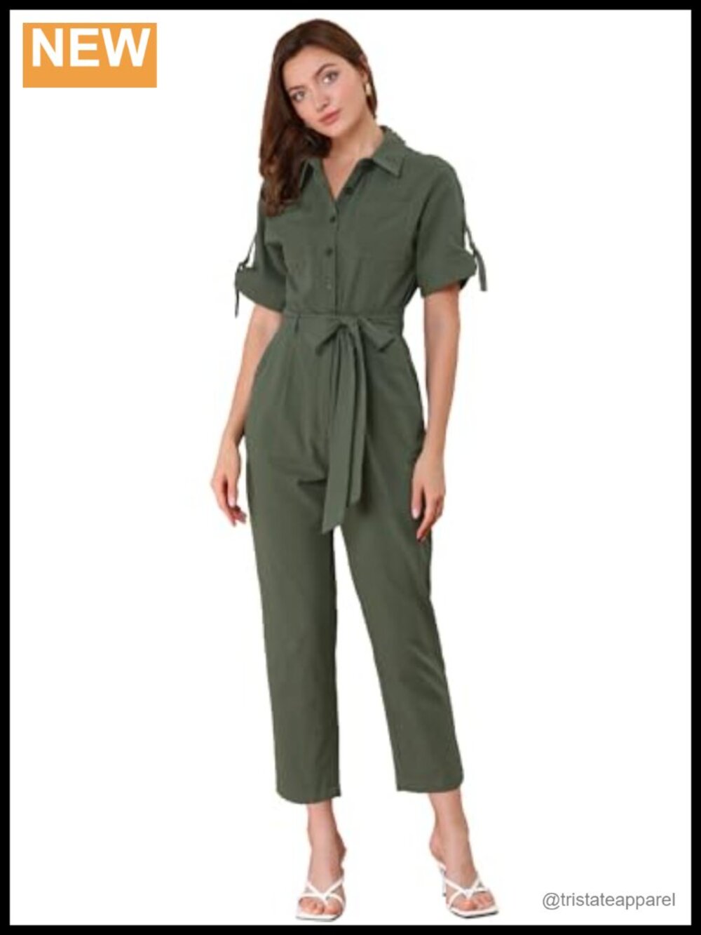 Collared Short Sleeve Tie Waist Cargo Jumpsuit